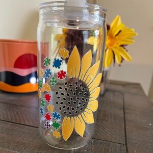 Glass cup with lid and glass straw
